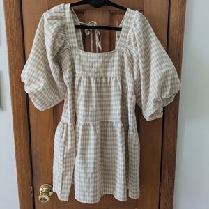 SNDYS Gingham Puff Sleeve Mini Dress